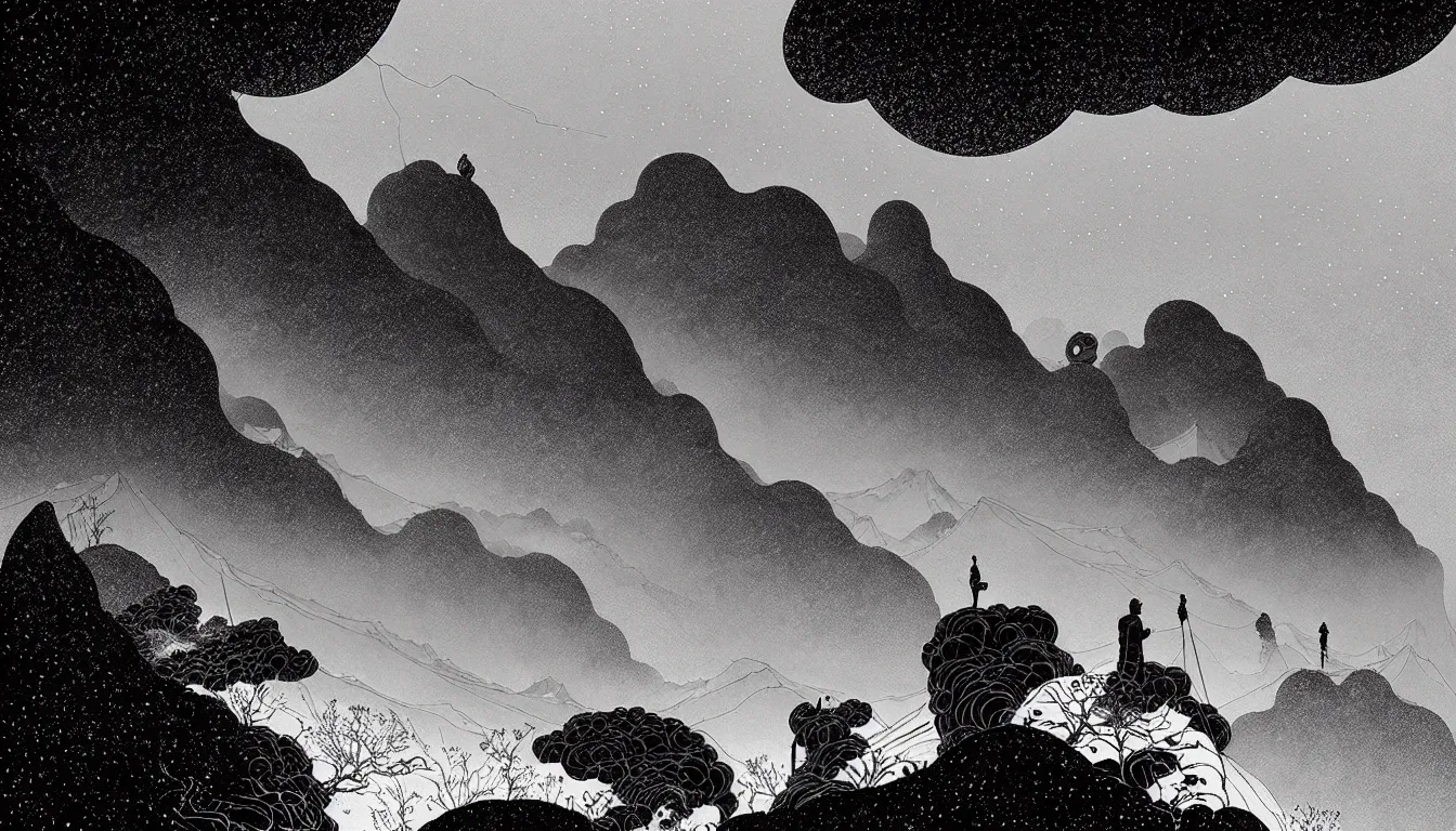 Image similar to standing at the edge of a mountain by nicolas delort, moebius, victo ngai, josan gonzalez, kilian eng