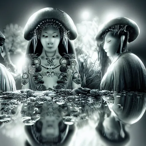 Image similar to mushroom goddess with group of elders in a ceremony for plant medicine, beautiful, hiroya oku, yoshitaka amano, chris cunningham, black and white, beautiful lighting, cinematic still, inspired by funky forest, 3 d render, 8 k