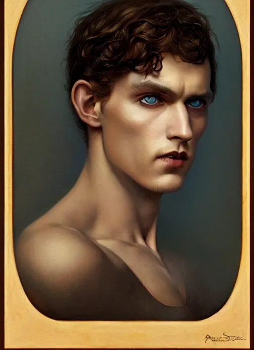 Image similar to a sinister portrait of a man with beautiful blue eyes and short brown hair, art by manuel sanjulian and tom bagshaw