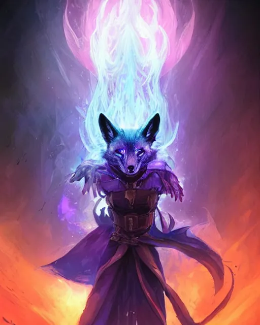 Image similar to Dark Fox Illusionist , portrait, casting blue and purple spell, magic the gathering artwork, D&D, fantasy, cinematic lighting, centered, symmetrical, highly detailed, digital painting, artstation, concept art, smooth, sharp focus, illustration, volumetric lighting, epic Composition, 8k, art by Akihiko Yoshida and Greg Rutkowski and Craig Mullins, oil painting, cgsociety