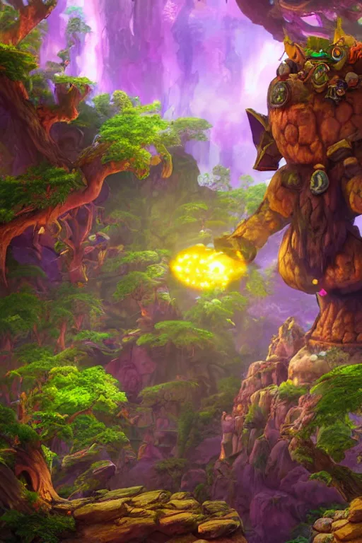 Image similar to zelda fantasy art giant golem troll wood rock greeble gemstone enchanted forest, global illumination ray tracing hdr fanart arstation by sung choi and eric pfeiffer and gabriel garza and casper konefal bastion forged hardmesh lisa frank zbrush central radiating a glowing aura global illumination ray tracing hdr