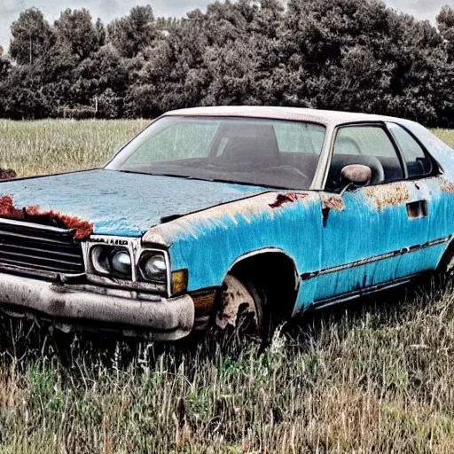 Image similar to A photograph of a rusty, worn out, broken down, decrepit, run down, dingy, faded, chipped paint, tattered, beater 1976 Denim Blue Dodge Aspen in a farm field, photo taken in 1989