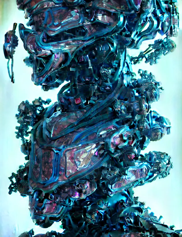 Image similar to asura from chinese myth, ghost, gorgeous and huge head ornaments, dystopian, cyberpunk, organic fractal mycelum and fungi, mecha, halfturn portrait of a big crystal face made of crystals half - turn, ominous, intricate, studio, art by anthony macbain + greg rutkowski + alphonse mucha, concept art, 4 k, sharp focus