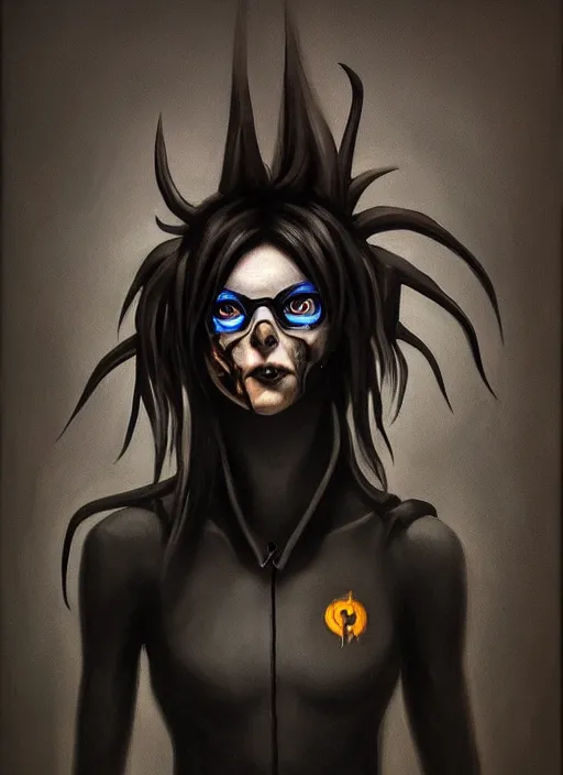 Prompt: dark portrait painting of tracer from overwatch, in style of zdzisław beksinski, scary, horror, overwatch tracer character, dressed in dark garment, black tendrils, tall,