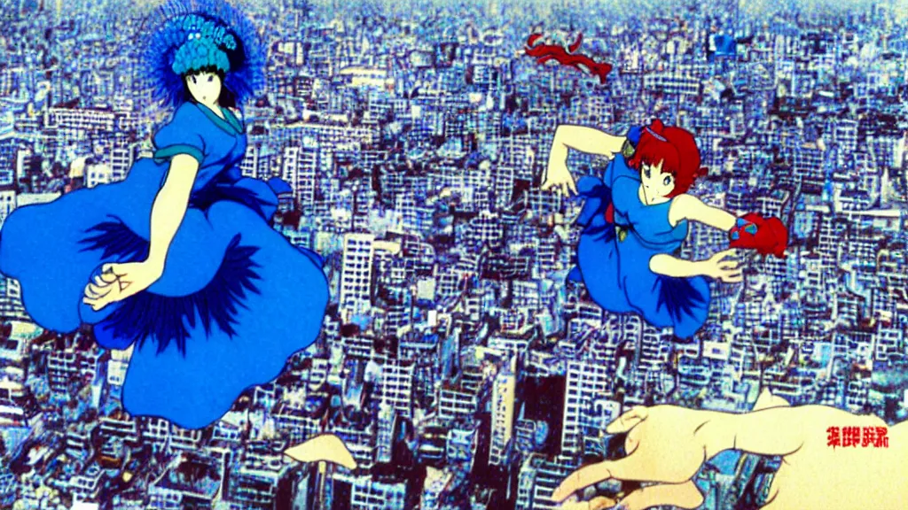 Prompt: manga of a woman in a blue dress wearing a blue peacock mask jumping down in an aerial kick from the top of a building in Tokyo, film still from the an anime directed by Katsuhiro Otomo with art direction by Salvador Dalí, wide lens