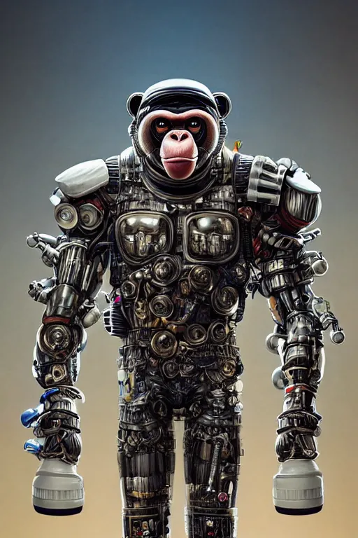 Image similar to a portrait of a muscular anthropomorphic cyberpunk chimp in spacesuit armor with ensignia on chest plate by sandra chevrier, by jon foster, detailed render, post - processing, extremely hyperdetailed, intricate, epic composition, cybernetics, 4 k realistic, cryengine, realistic shaded lighting, sharp focus, masterpiece, by enki bilal