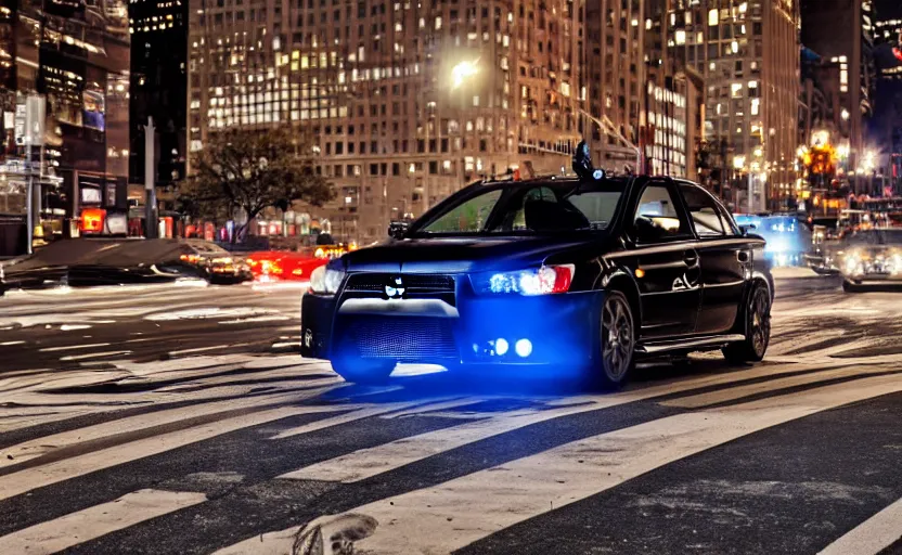 Prompt: Mitsubishi Lancer Evo in downtown New York City at night, highly detailed, 4k photo, DSLR,