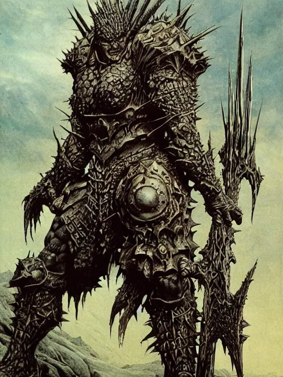 Image similar to A powerful large orc with pale skin covered in scars stands near the mountains, wearing spiky complex detailed armor without a helmet. Extremely high detail, realistic, fantasy art, scars, solo, masterpiece, saturated colors, art by Zdzisław Beksiński, Arthur Rackham