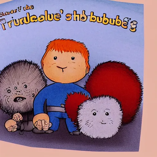 Prompt: illustrations from the children's book'the trouble with tribbles'