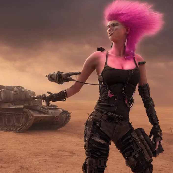 Image similar to beautiful realistic apocalyptic woman with pink Mohawk, standing on mad max panzer tank, 4k ultra hd, fantasy dark art, tank girl, artstation, octane render