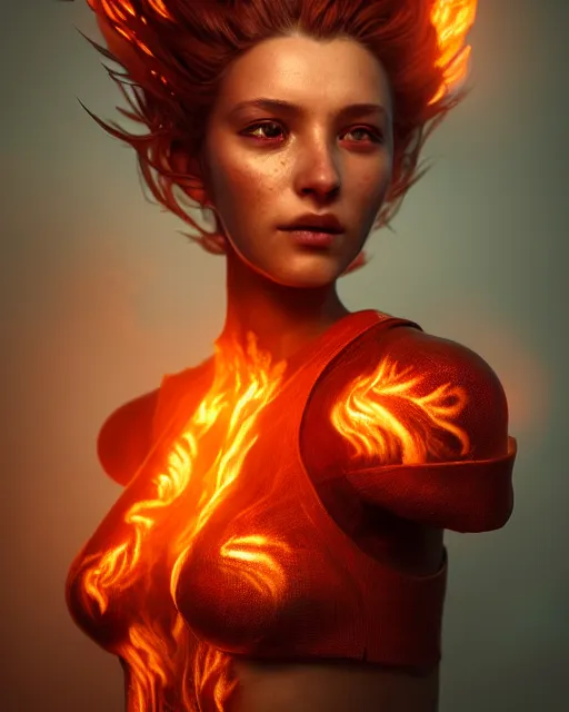 Prompt: Beautiful art portrait of fire elemental woman, atmospheric lighting, intricate detail, cgsociety, hyperrealistic, octane render, RPG portrait, ambient light, dynamic lighting