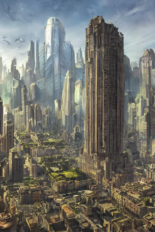 Image similar to gigantic city, adorned pillars, towers, landscape, alex ross, neal Adams, david finch, concept art, matte painting, highly detailed, rule of thirds, dynamic lighting, cinematic, detailed, denoised, centerd