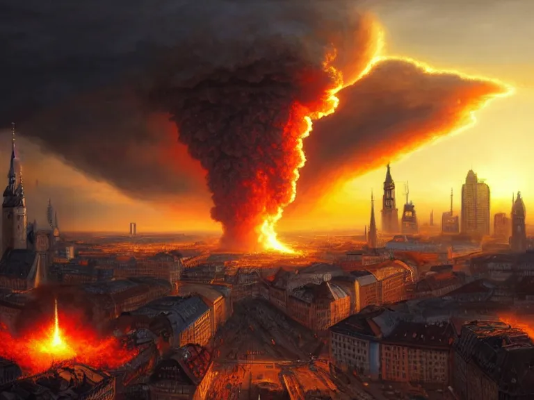 Prompt: , city of munich!!!, nuclear explosion!!!, nuclear strike!!!, rubble, hyperrealistic, highly detailed, cinematic, golden sunlight, beautiful, cgssociety, artstation, 8 k, oil painting by greg rutkowski, by artgerm, by wlop