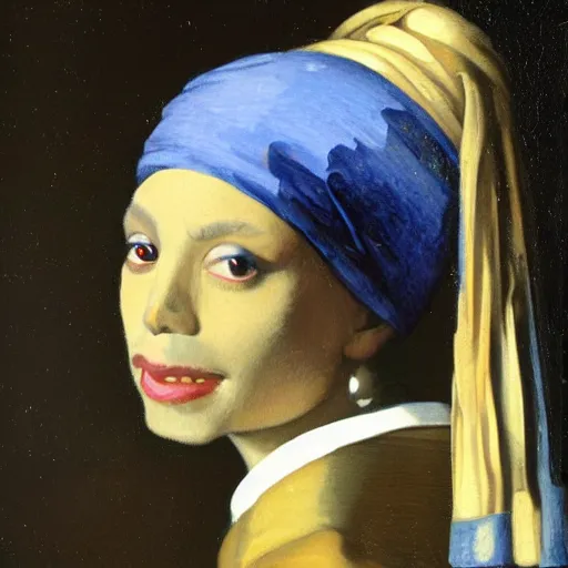 Prompt: An oil painting of Michael Jackson with a pearl earring, by Johannes Vermeer, 8k