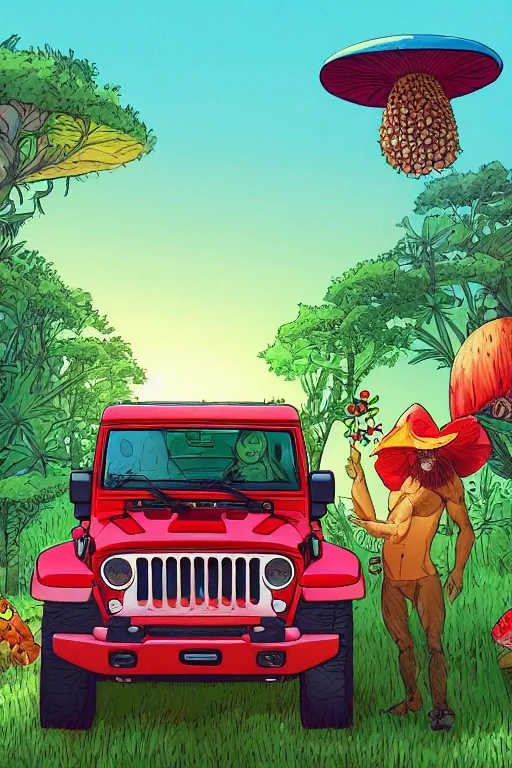 Image similar to gorilla driving a jeep holding a amanita muscaria, sunshine, by alba ballesta gonzalez and moebius. 4 k wallpaper, digital flat 2 d, japan animation, comic book, illustration, cinematic lighting, smooth sharp focus.