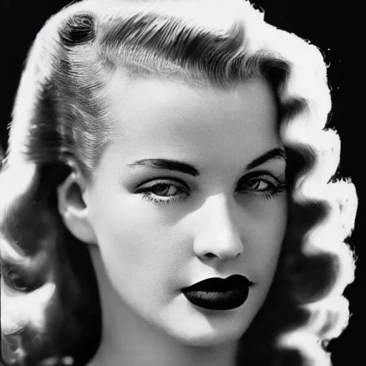 Prompt: black and white vogue closeup portrait by herb ritts of a beautiful female model, 1 9 4 0 s, 1 9 4 0 s hairstyle, 1 9 4 0 s style, high contrast