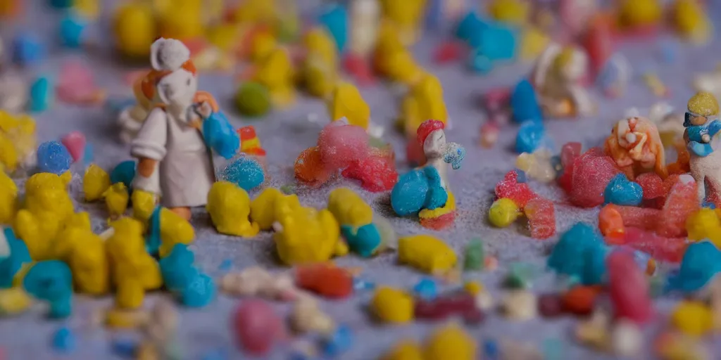 Image similar to a cinematic film still of a claymation stop motion film about a town made of lemons and candy, shallow depth of field, 8 0 mm, f 1. 8