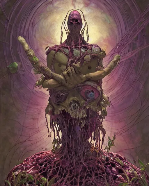 Image similar to the platonic ideal of flowers, rotting, insects and praying of cletus kasady carnage thanos davinci dementor wild hunt chtulu mandala ponyo doctor manhattan bioshock, fantasy, ego death, decay, dmt, psilocybin, concept art by randy vargas and greg rutkowski and zdzisław beksinski