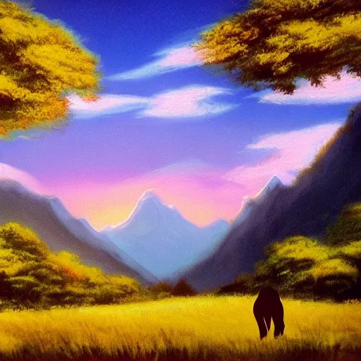 Prompt: beautiful landscape mountains, valley, sunset light, lots of wildlife and a gorilla. Bob Ross.