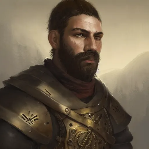 Prompt: Closeup of frustrated male medieval lieutenant with a {short} beard wearing a black!!!! and yellow tabard over a steel breastplate and a black gambeson looking up from a map on a table, intricate, dramatic lighting, perfect brown eyes, illustration by Greg Rutkowski, ArtStation, digital art, fantasy