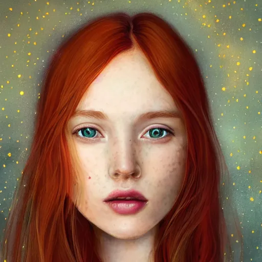 Image similar to photorealistic portrait of a red haired girl among wonderful golden light fireflies, with a round beautiful face, amazed soft smile, long hair, green eyes, hint of freckles, golden ratio, intricate details, colorful, elegant, digital painting, smooth, sharp focus, illustration, ultra realistic, 8 k, artt by sakimichan