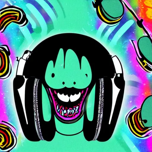 Prompt: artgerm, psychedelic laughing friendly monster, rocking out, headphones dj rave, digital artwork, r. crumb, svg vector