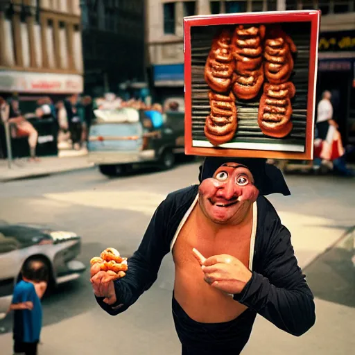 Prompt: closeup portrait man in ninja costume upside down trying to sell hotdogs in a smoky new york back street, by Annie Leibovitz and Steve McCurry, natural light, detailed face, CANON Eos C300, ƒ1.8, 35mm, 8K, medium-format print