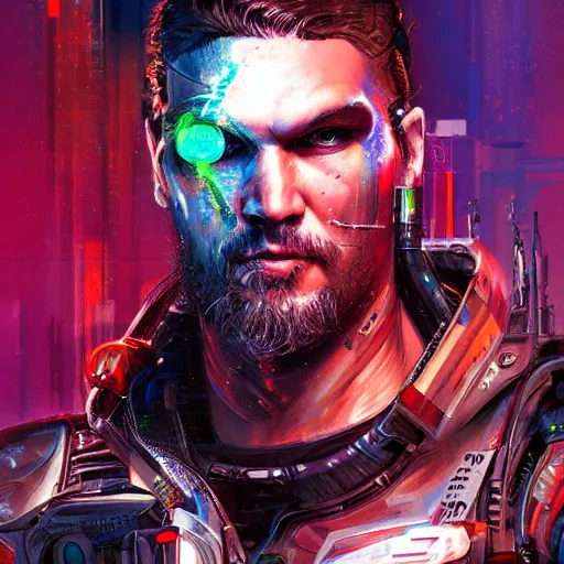 Prompt: a cyberpunk painting of Jason Mamoa as a cyborg by Ross Tran, digital art