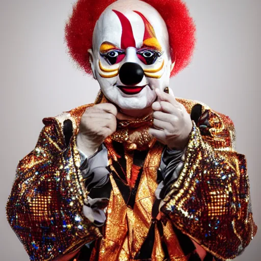 Image similar to UHD candid photo of Klaus Schwab dressed as flamboyant emperor, wearing extremely accurate clown makeup, accurate face, UHD, photorealistic, correct face, photo by Annie Leibowitz