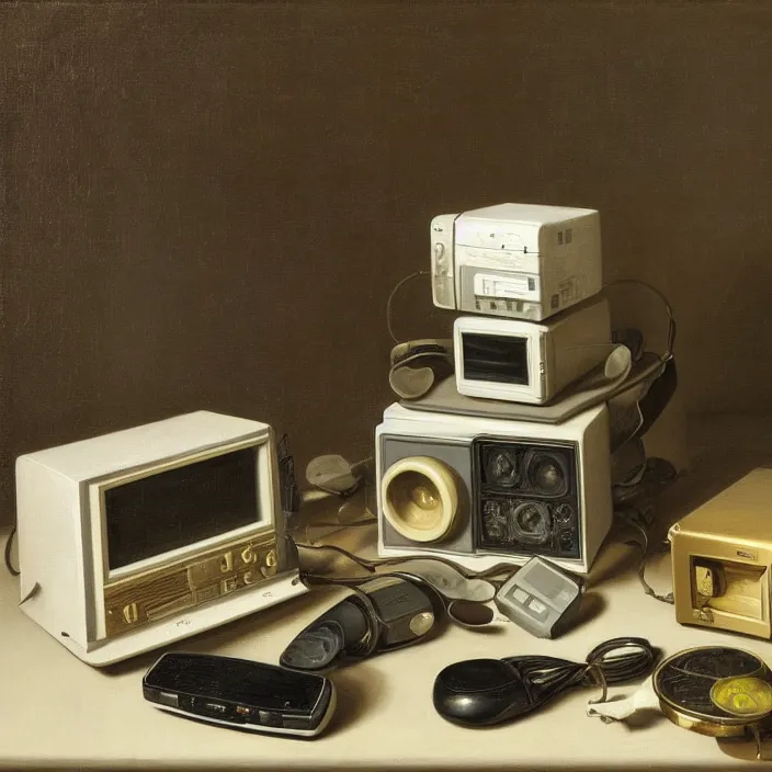 Image similar to still life painting of a retro electronics by pieter claesz, oil on canvas, strong lighting, highly detailed, hyper realism, golden hour, god rays, hd, 4 k