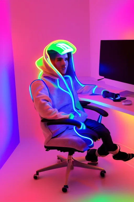 Image similar to a young male gamer sitting in gaming chair wearing a hoodie + neon rgb light strips, large computer monitor, space themed walls, cute bernedoodle puppy sitting at his feet, 4 k, award winning, octane render, volumetric lighting