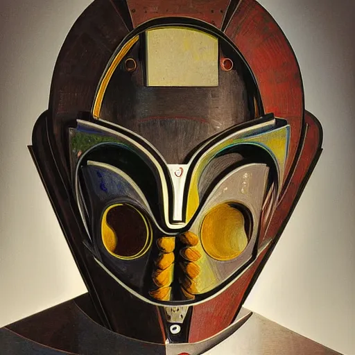 Image similar to the robot wearing her human mask, by christopher kit williams, symbolist, dramatic lighting, elaborate geometric ornament, art brut, god rays, soft cool colors, smooth, sharp focus, extremely detailed