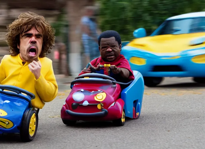 Image similar to peter dinklage racing gary coleman driving a little tikes cars, movie still, from the new fast and furious movie, 8 k, realistic