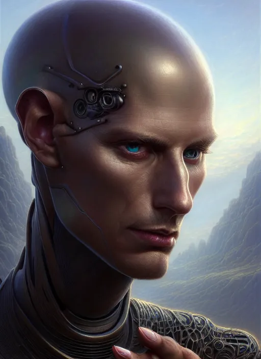 Image similar to closeup portrait shot of a male android in a scenic dystopian environment, intricate, elegant, highly detailed, centered, digital painting, artstation, concept art, smooth, sharp focus, illustration, artgerm, tomasz alen kopera, peter mohrbacher, donato giancola, joseph christian leyendecker, wlop, boris vallejo