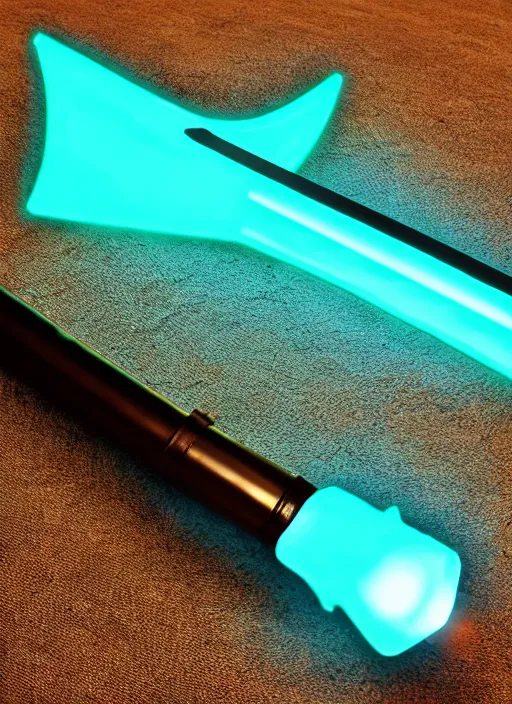 Prompt: Glowing Teal Battleaxe emanating energy