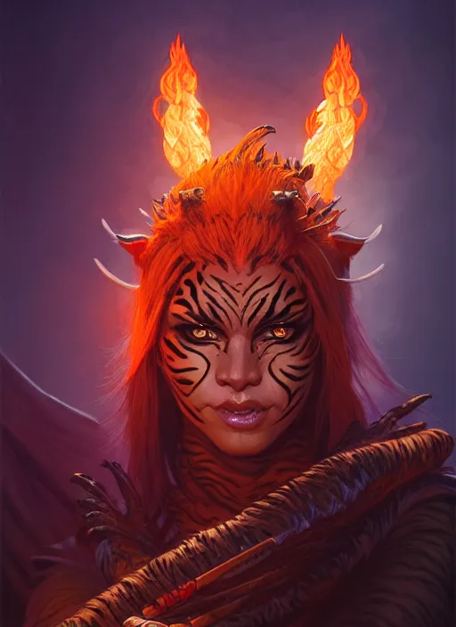 Prompt: dungeons and dragons portrait of a tiger man sorceress, made of fire and darkness, highly detailed, dynamic lighting, digital art, digital painting, artstation, terence nielsen, sharp focus, illustration, art by artgerm and greg rutkowski and moebius, 8 k