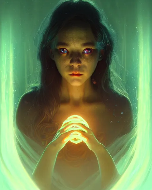 Image similar to one singular portrait of a creepy bioluminescent creature with glowing eyes, highly detailed, digital painting, cinematic, hyper realism, dark retrowave, art by stanley lau and artgerm and magali villeneuve and alphonse mucha, artstation, octane render, cgsociety