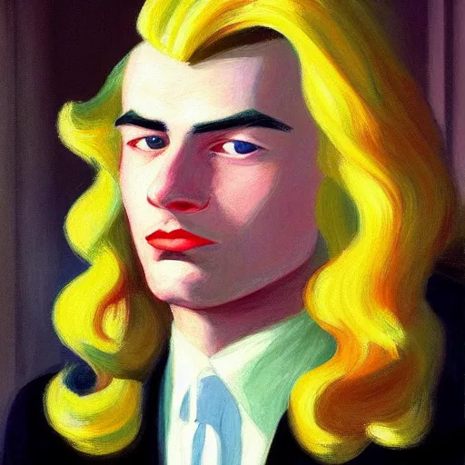 Prompt: A beautiful close-up of a young man with LONG WAVY WHITE HAIR, dressed like in the 1940s, digital art by Edward Hopper, vibrant color scheme, highly detailed, in the style of romanticism, fine Art, high detail, great lighting, 8k resolution, masterpiece, concept art, illustration, clear eyes, soft lighting, soft details, painting oil on canvas, octane render, HDR, trending on artstation, 4k, 8k, HD