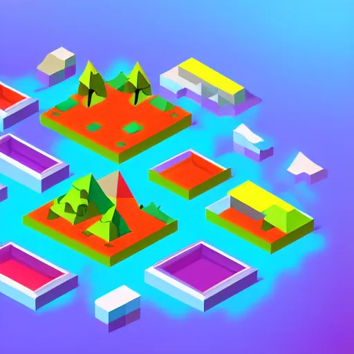 Image similar to an isometric colorful videogame world, epic mountains, azure ocean in the background, blocks