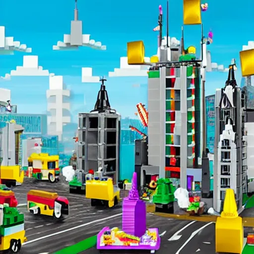 Image similar to unicorns drop giant blocks of cheese on lego city