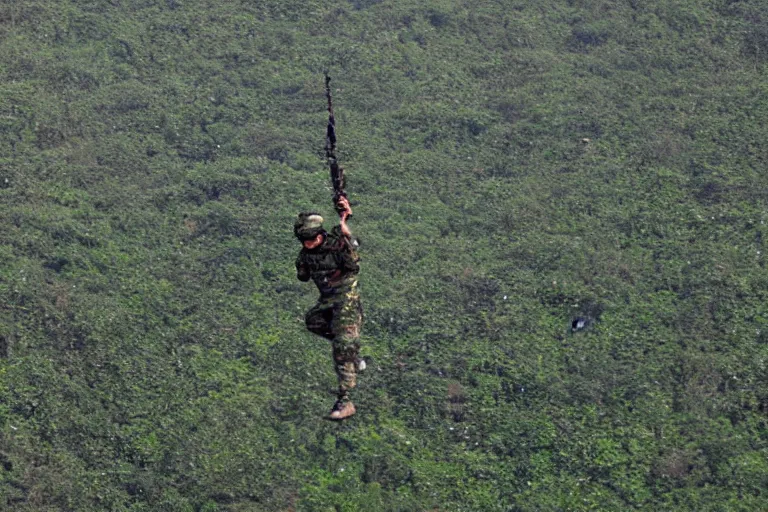 Prompt: bangladesh army commander jumping from a helicopter, cinematic shot, motion still, atmospheric