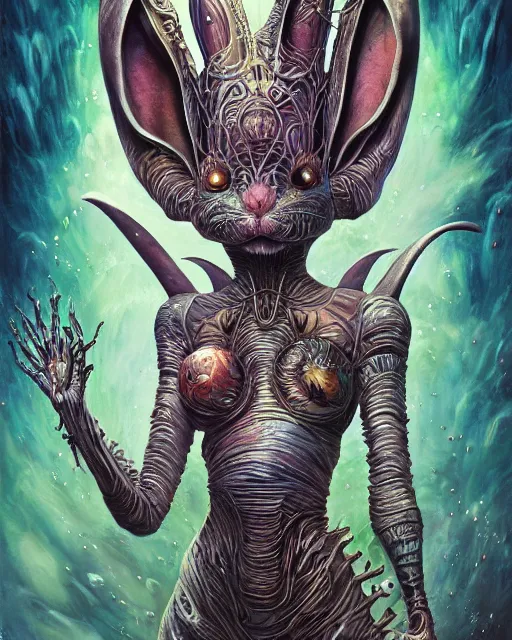 Prompt: alchemist rabbit, by antonio j. manzanedo, giger, alex grey, android jones, wayne barlowe, philippe druillet, raymond swanland, cyril rolando, josephine wall, harumi hironaka, trending on artstation