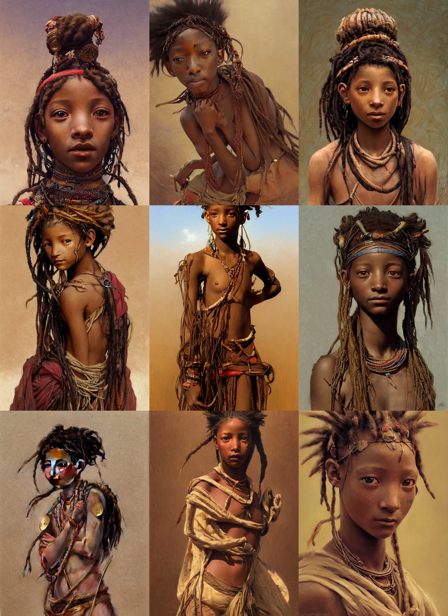 Prompt: willow smith young, ancient himba girl, intricate, highly detailed, artstation, digital illustration, orientalism, bouguereau, mucha, ruan jia