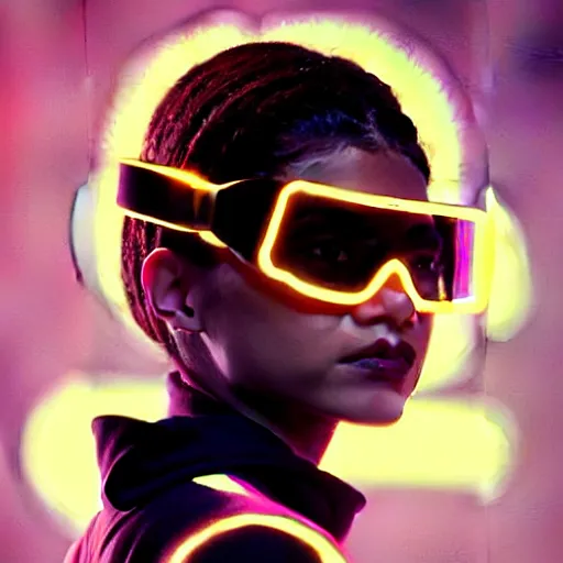 Image similar to zendaya wearing opaque reflective goggles profile picture by Greg Rutkowski, brown skin, very long hair, dune, asymmetrical, futuristic, neon volumetric lights, cool colors, streetwear, studio ghibli, Organic Painting , Matte Painting, geometric shapes, hard edges, street art, trending on the artstation, fantasy LUT, realistic by Sachin Teng + Martin Grip + Moebius + Patrick Gleason, smooth, sharp focus, illustration, art by John Collier and Albert Aublet and Krenz Cushart and Artem Demura and Alphonse Mucha, techwear, Industrial Scifi, detailed illustration, character portrait,