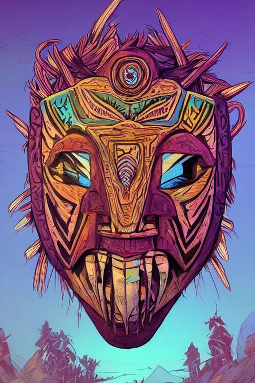 Image similar to totem animal tribal chaman vodoo mask feather gemstone plant wood rock video game illustration vivid color borderlands by josan gonzales and dan mumford radiating a glowing aura