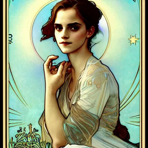 Image similar to emma watson portrait by louis - theophile hingre and alphonse mucha, realistic, sharp focus, zodiac signs, tarot cards, planets, ethereal, art nouveau, magic, moon, sun, crown, dreamy, royal, jewellery