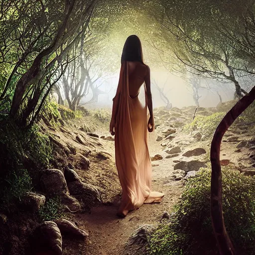 Image similar to beautiful bellidancer girl walks around Socotra among plants, flowers, trees and snags in a long transparent flowing dress and meets mystical animals, mystical insects, mystical birds, lizards, snakes, gorgeous, intricate, hypnotic dimensions, ruan jia, steve mccurry, Zdzislaw Beksinski style, sharp focus, intricate concept art, digital painting, ambient lighting, 4k, hdt, artstation trending on Gsociety, trending on ArtstationHQ, hyper quality, 16K