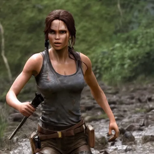 Image similar to film scene lara croft emerges from the river water, her face is covered with mud, part of the body is still in the river, it looks sweaty, hd