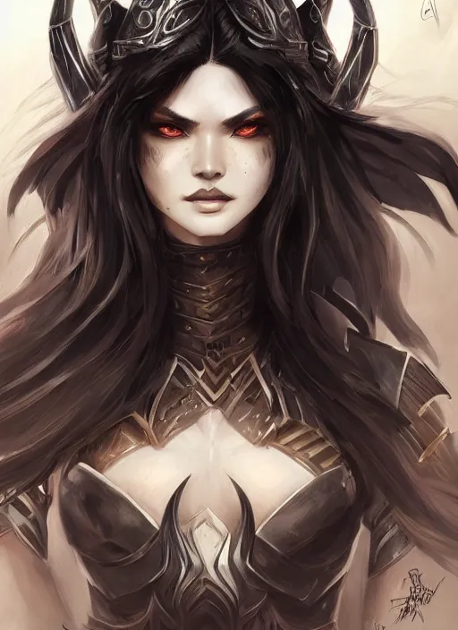 Image similar to beautiful warrior lady, black long hair, practical armor, brown skin, demonic eyes, low fantasy, extremely detailed, sharp focus, smooth, digital illustration, by rossdraws, frank franzzeta, sakimichan