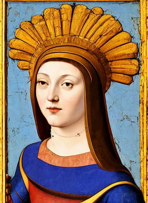 Image similar to portrait of young woman in renaissance dress and renaissance headdress, art by giotto